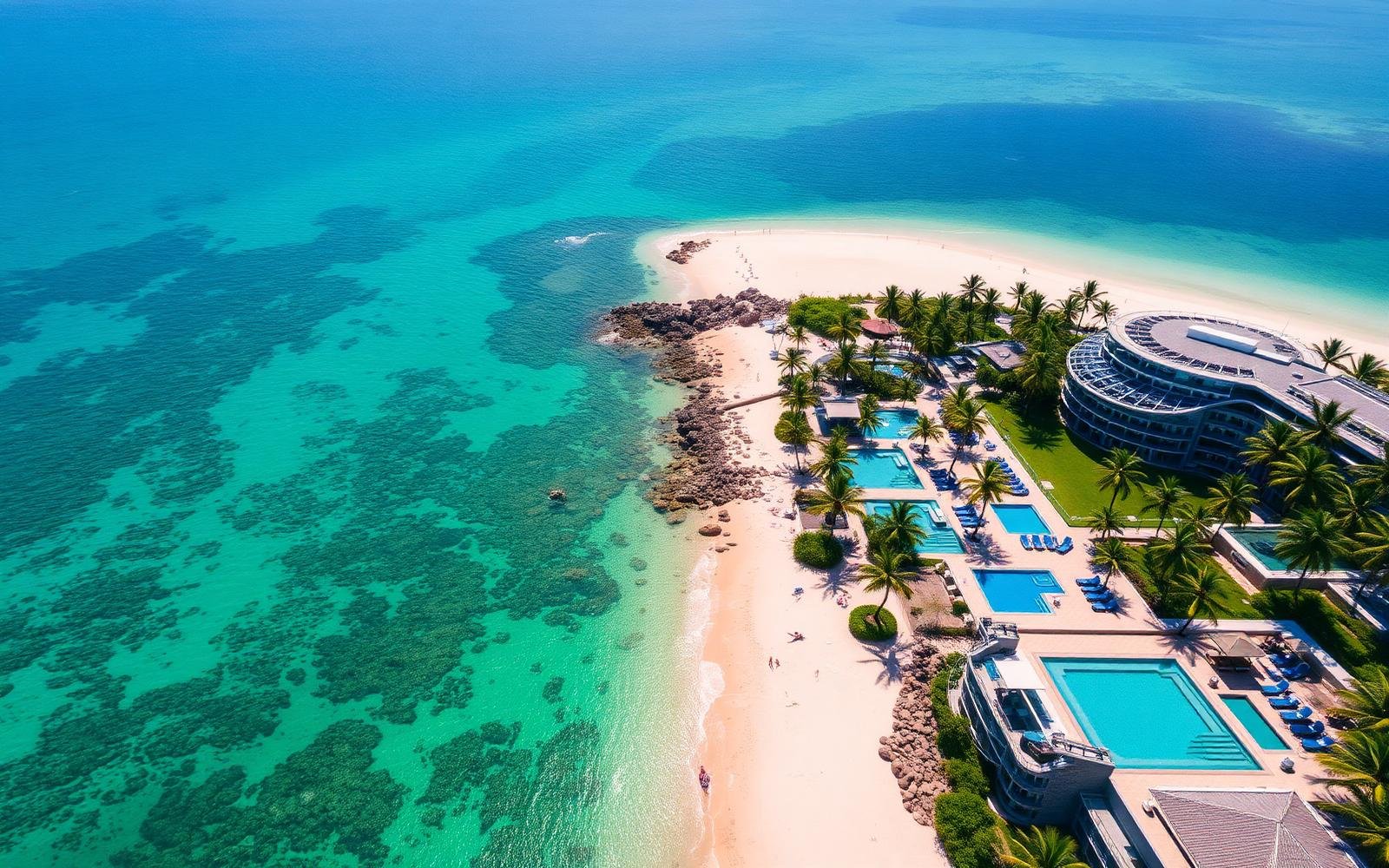 Vista aérea do Japaratinga Lounge Resort com mar verde esmeralda e piscinas